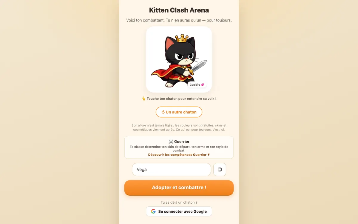 Page d’accueil de Kitten Clash Arena
